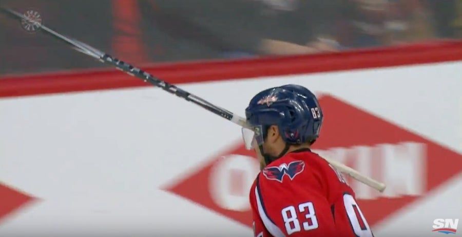 Jay Beagle Got Hockey Sticks Stuck In His Helmet And Skate
