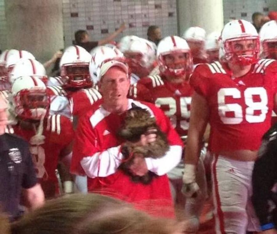 Bo Pelini Leads His Team Out The Tunnel With A Cat