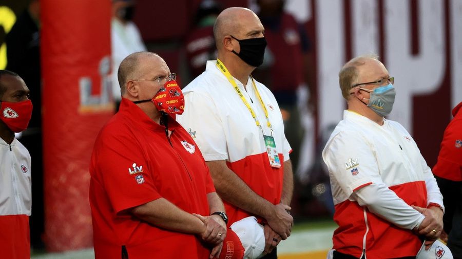 Andy Reid looks like an undercover toucan in his Super Bowl mask