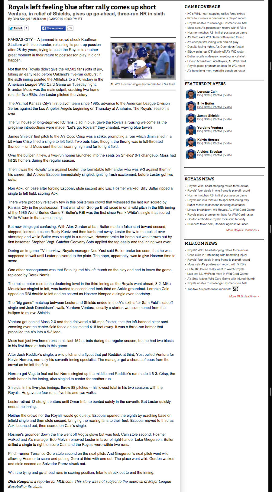 MLB.com Runs "Royals Lose" Game Story