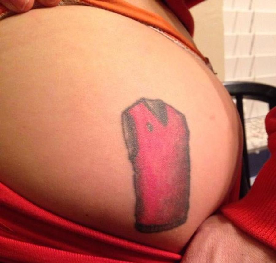 Here's A Lady With A Jim Tressel Sweater Vest Tattoo On Her Butt
