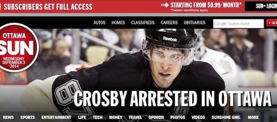 Sidney Crosby Was Not Arrested In Ottawa